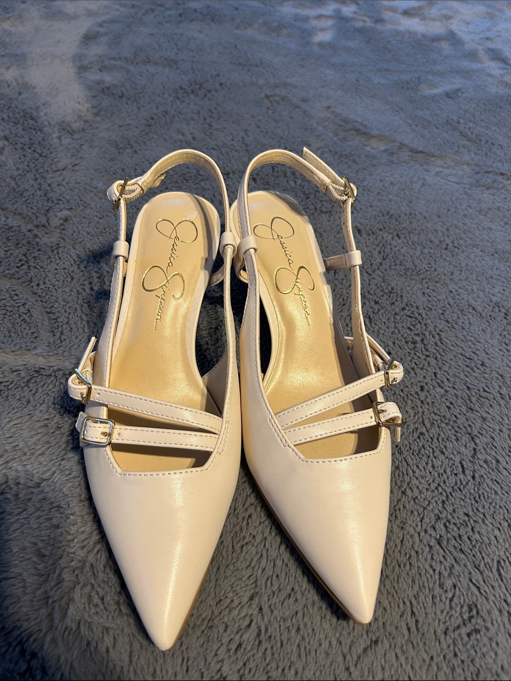 Jessica Simpson Cream Pointed Slingback Mules with Double Buckle Straps